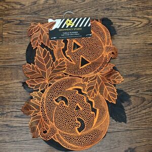 NWT Halloween Pumpkin Cut-Out Table Runner 16″ x 41″ Orange Vinyl Jack-O-Lanten
